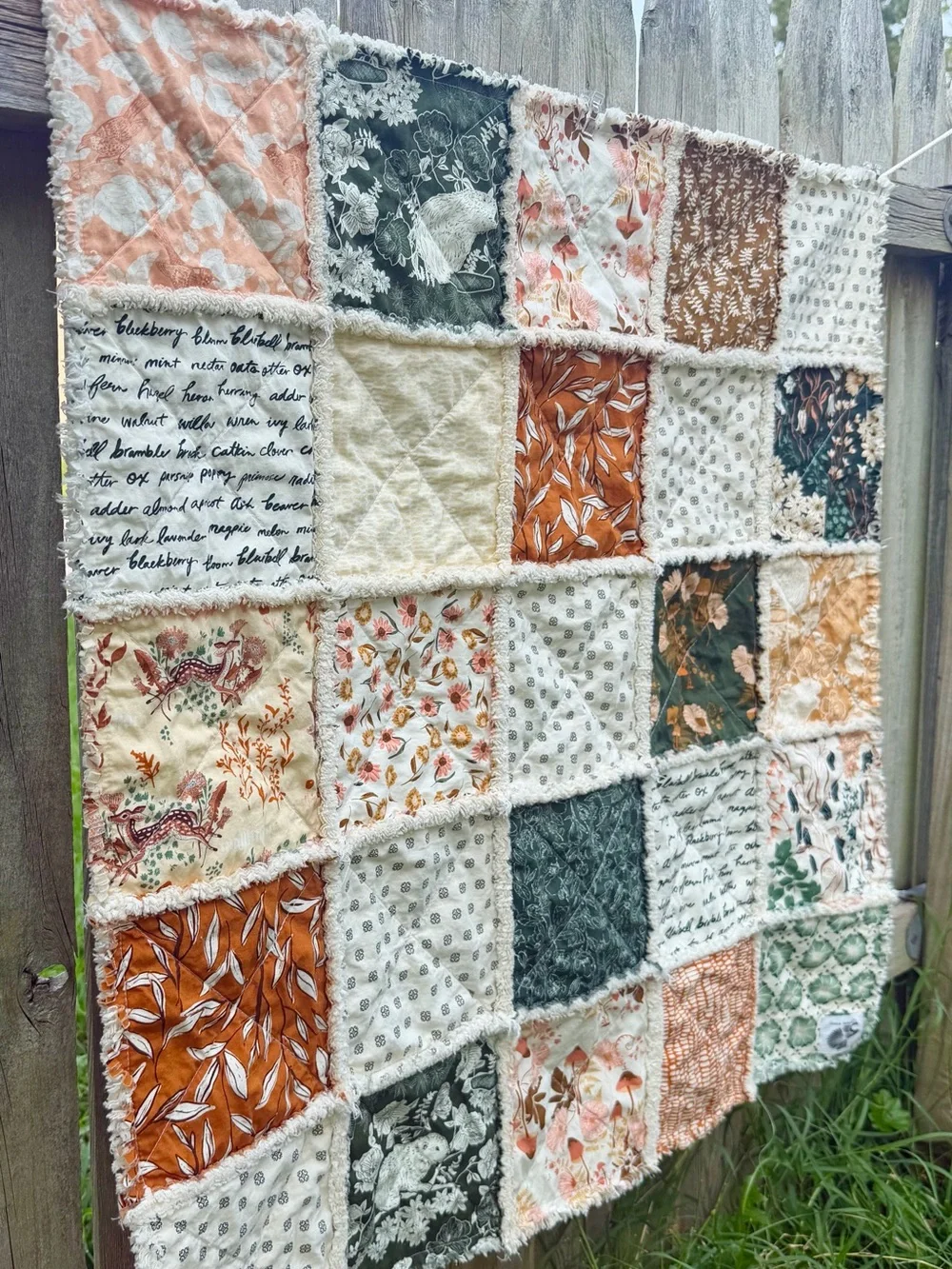 Handmade Woodland Baby Quilt: Patchwork Quilt, Cotton Rag Quilt